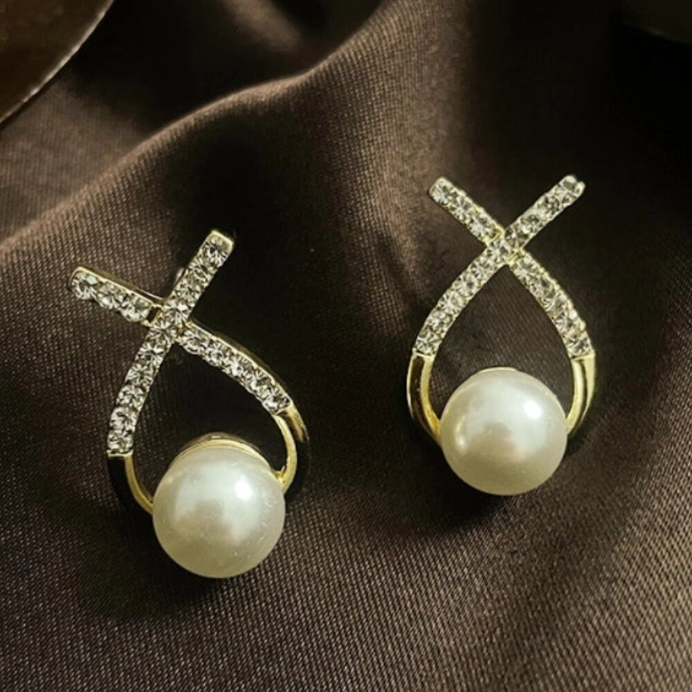 Cross Rhinestone Pearl Stud Earrings